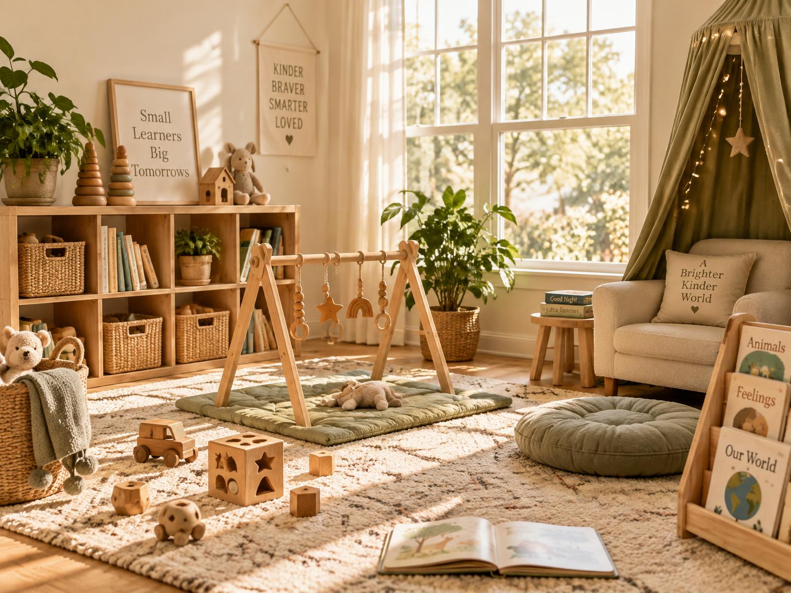 Sunlit playroom at Zion's House with wooden toys, books, and a cozy reading nook